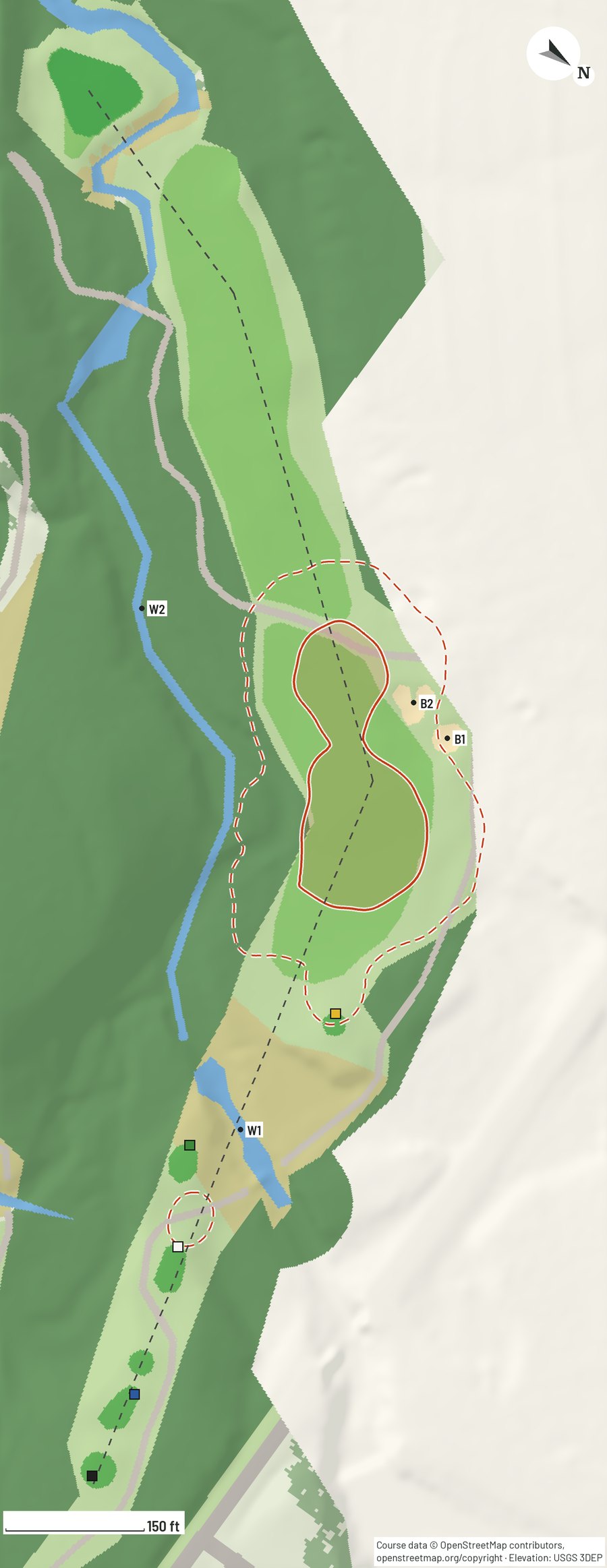 Hole 2 of the concept course: where the drives come down, half of them inside the solid line, 9 in 10 inside the dashed one.