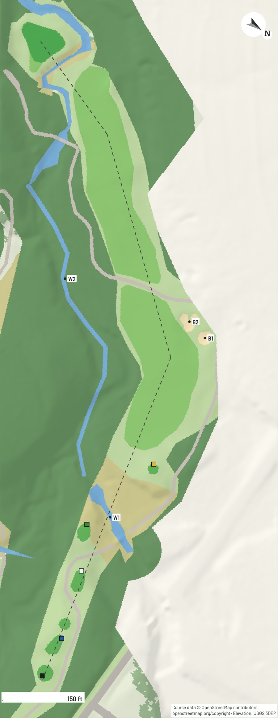 Hole 2 of the concept course, a par 5, from the tees at the foot to the green at the top, with its bunkers and ponds labelled B and W.