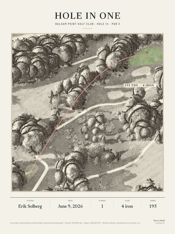 Etching of Balsam Point hole 14, drawn from the 3D render: a long par 3 from high above, over a pond in the woods to a green with two bunkers, with the ball flight