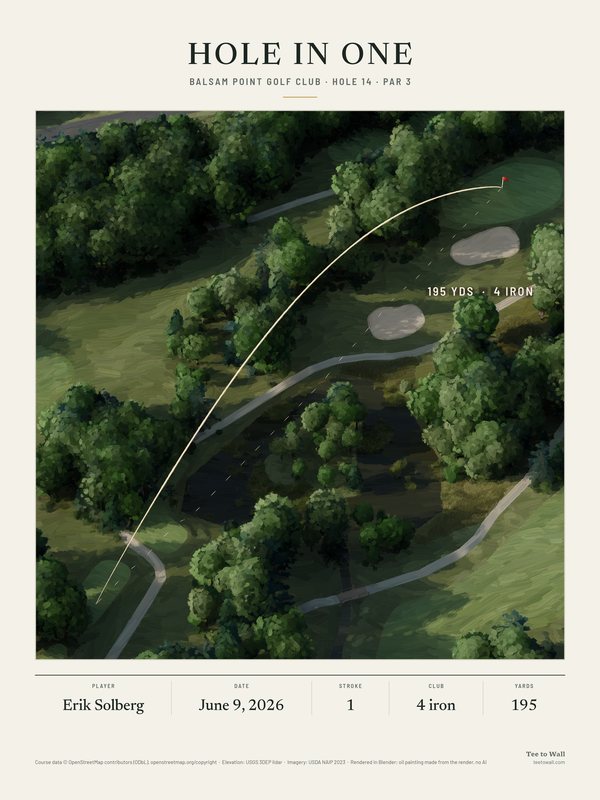 Oil painting of Balsam Point hole 14, drawn from the 3D render: a long par 3 from high above, over a pond in the woods to a green with two bunkers, with the ball flight