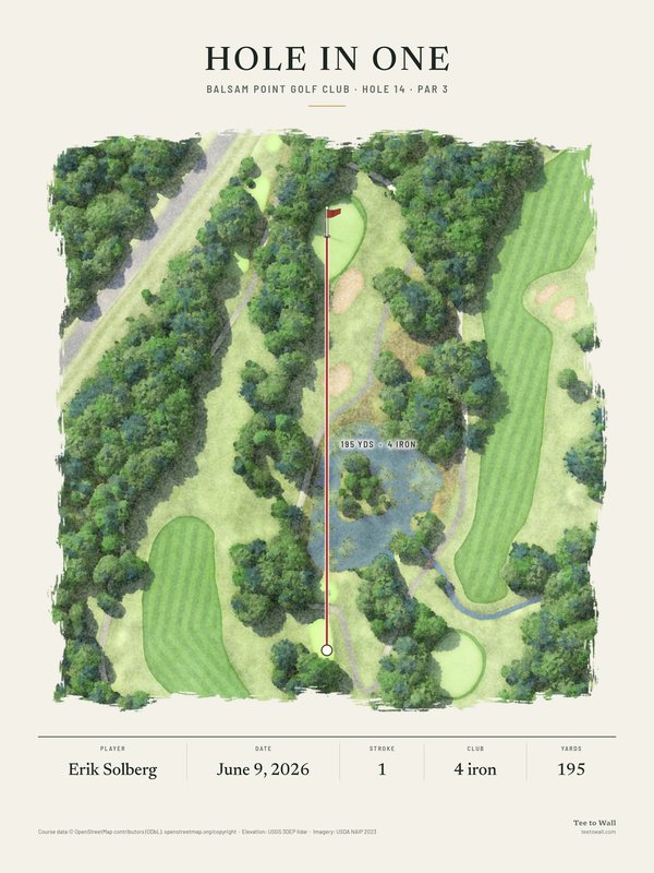 Watercolor print of Balsam Point hole 14, a long par 3 from high above, over a pond in the woods to a green with two bunkers, with the ball flight
