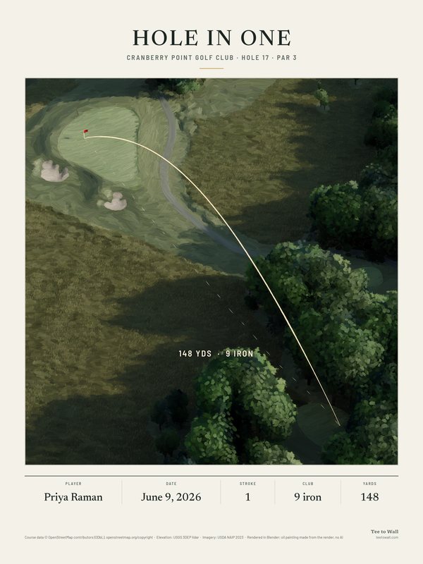 Oil painting of Cranberry Point hole 17, drawn from the 3D render: a par 3 from a tee among the trees over native long grass to a green with two bunkers, with the ball flight