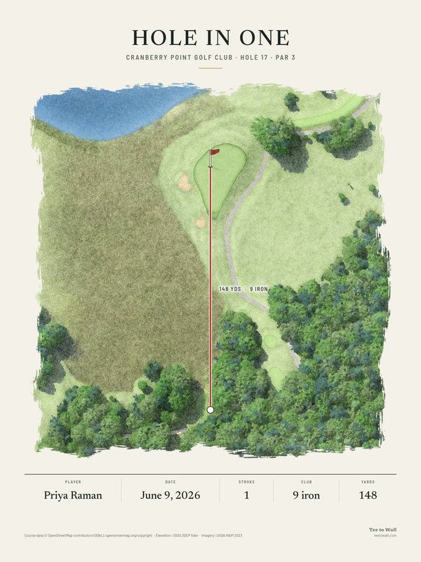 Watercolor print of Cranberry Point hole 17, a par 3 from a tee among the trees over native long grass to a green with two bunkers, with the ball flight