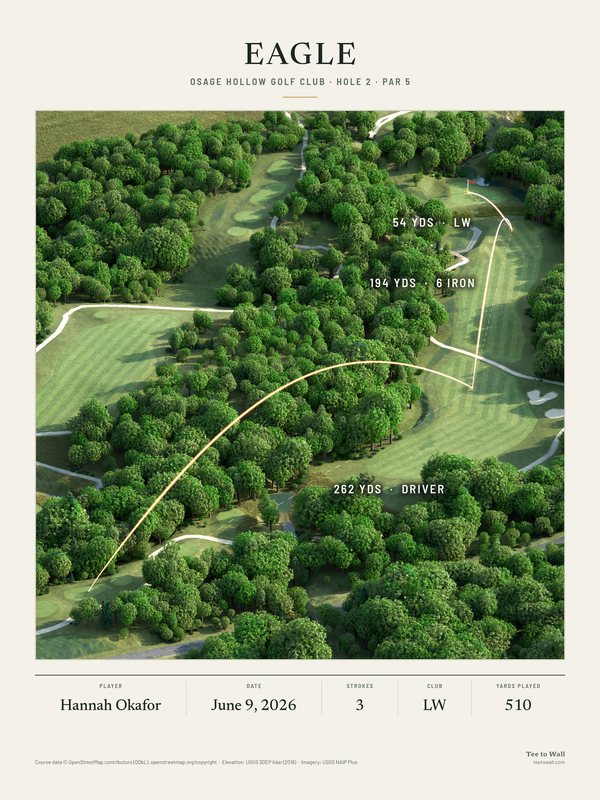 3D render print of Osage Hollow hole 2, a par 5 through a wooded valley, with all three shots of an eagle traced