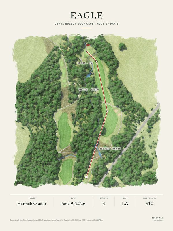 Watercolor print of Osage Hollow hole 2, a par 5 through a wooded valley, with all three shots of an eagle traced