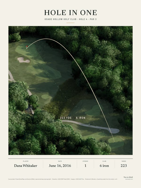 Oil painting of Osage Hollow hole 4, drawn from the 3D render: a long par 3 from a tee cut into the woods, over a creek and long grass to the green, with the ball flight