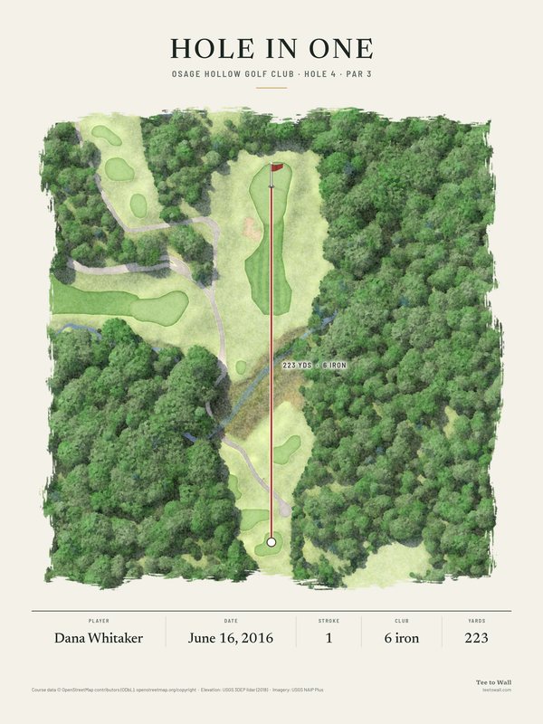Watercolor print of Osage Hollow hole 4, a long par 3 from a tee cut into the woods, over a creek and long grass to the green, with the ball flight