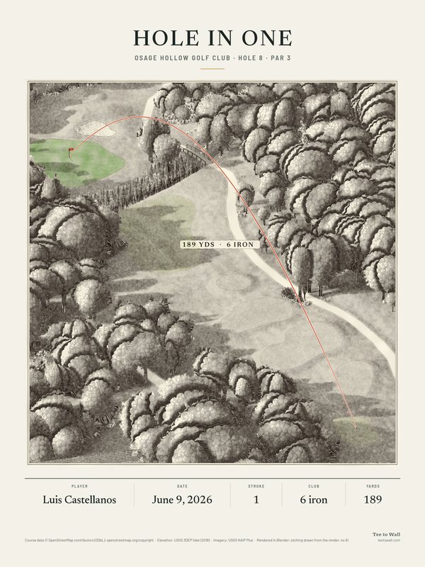 Etching of Osage Hollow hole 8, drawn from the 3D render: a tree-lined par 3 across a creek, with the ball flight to the green