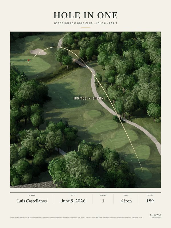 Oil painting of Osage Hollow hole 8, drawn from the 3D render: a tree-lined par 3 across a creek, with the ball flight to the green