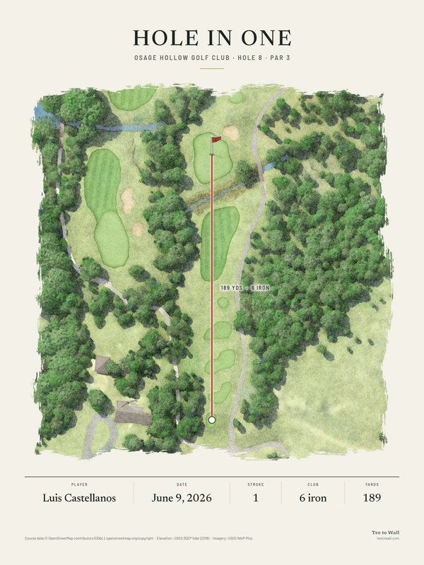 Watercolor print of Osage Hollow hole 8, a tree-lined par 3 across a creek, with the ball flight to the green