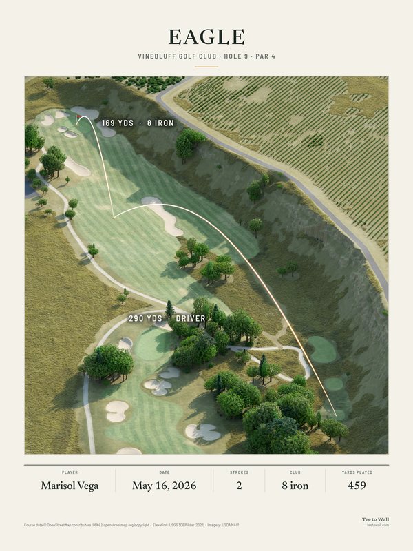 3D render print of Vinebluff hole 9, a par 4 below a dry bluff beside a vineyard, with the drive and the holed 8 iron traced