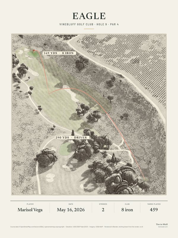 Etching of Vinebluff hole 9, drawn from the 3D render: a par 4 below a dry bluff beside a vineyard, with the drive and the holed 8 iron traced