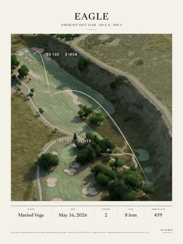 Oil painting of Vinebluff hole 9, drawn from the 3D render: a par 4 below a dry bluff beside a vineyard, with the drive and the holed 8 iron traced