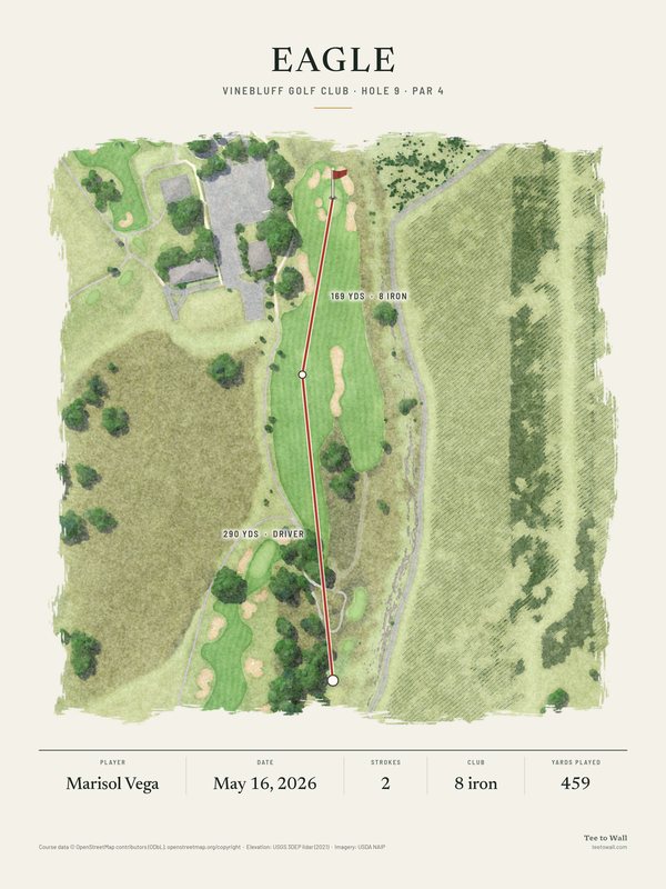 Watercolor print of Vinebluff hole 9, a par 4 below a dry bluff beside a vineyard, with the drive and the holed 8 iron traced