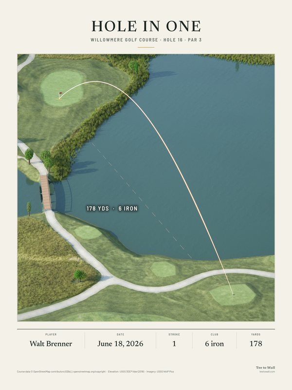 3D render print of Willowmere hole 16, a par 3 across a lake to a green on the far bank, with the ball flight over the water