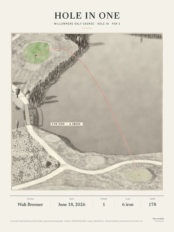Etching of Willowmere hole 16, drawn from the 3D render: a par 3 across a lake to a green on the far bank, with the ball flight over the water