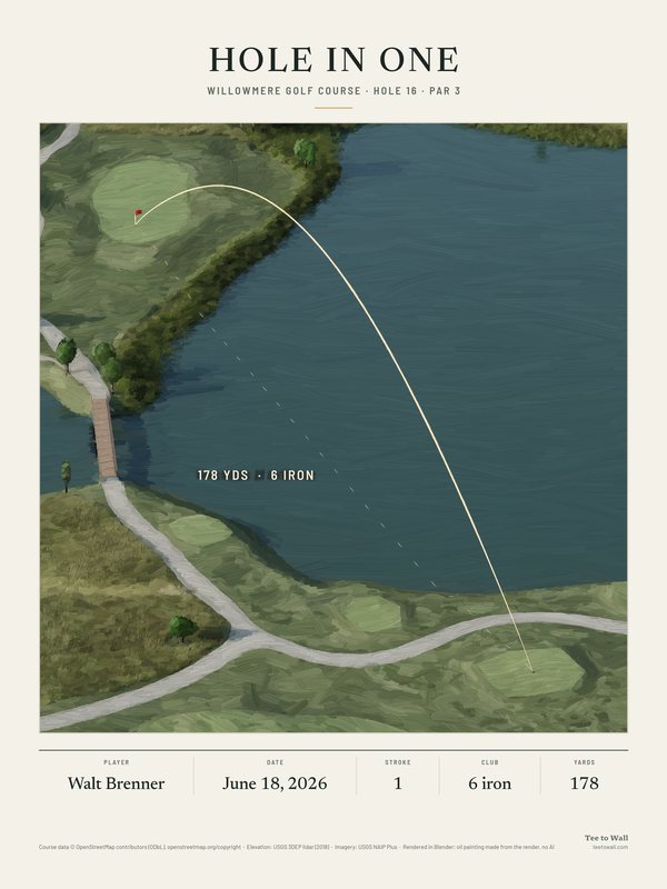 Oil painting of Willowmere hole 16, drawn from the 3D render: a par 3 across a lake to a green on the far bank, with the ball flight over the water