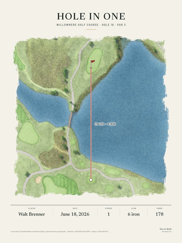 Watercolor print of Willowmere hole 16, a par 3 across a lake to a green on the far bank, with the ball flight over the water
